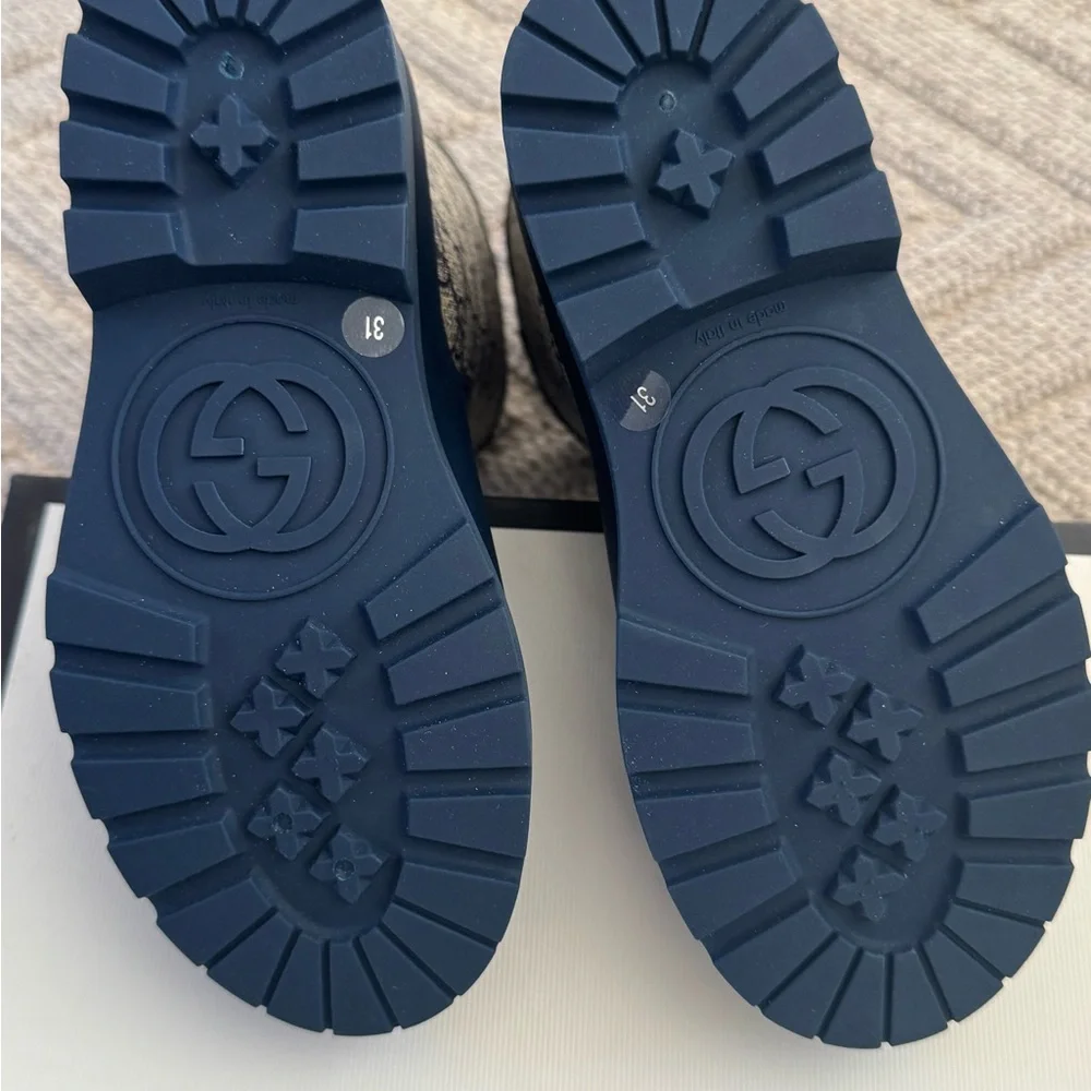 Gucci Beige and Blue Monogram Boots